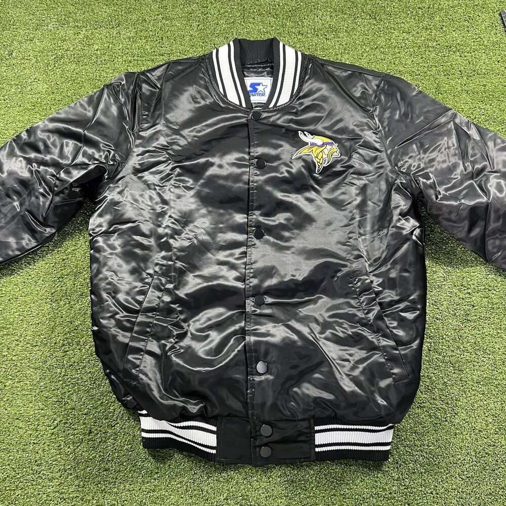 Starter Minnesota Vikings Men’s Medium Black Satin Bomber Jacket NFL NWOt